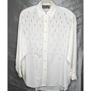 Vtg 90s Forenza Blouse Womens Sz Small White Shoulder Pads Pearl Buttons Accents